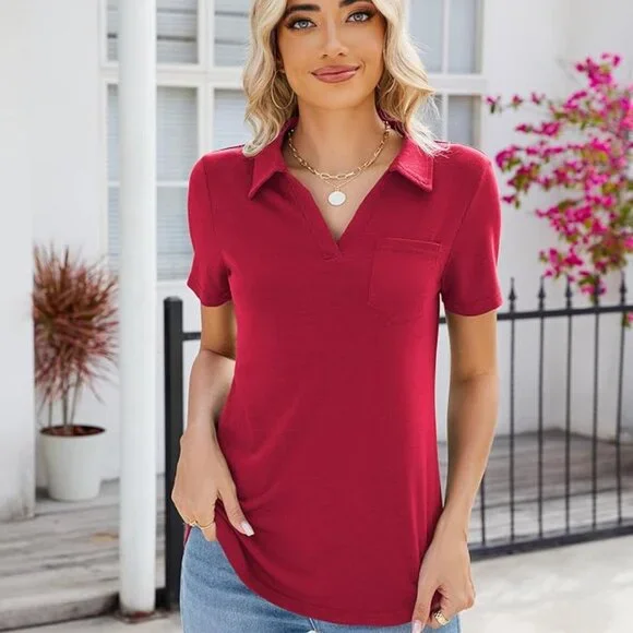 Women's L Red Polo Shirt Collared Work Top Short Sleeve Business Casual Dressy B - Picture 4 of 5